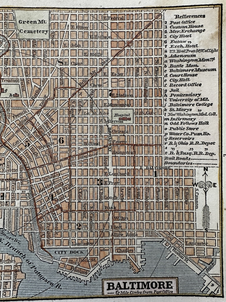 Baltimore Maryland city plan 1855 w/ detailed key hand colored map
