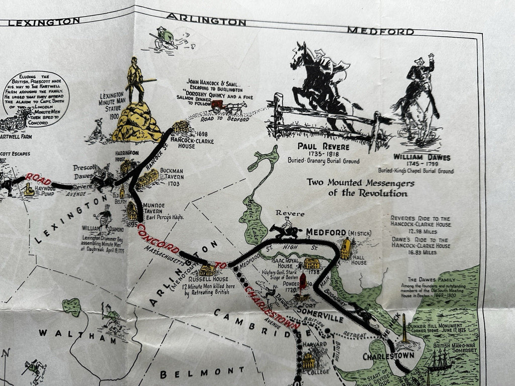 Boston Massachusetts picture story maps c.1940’s Paul Revere's ride 1775 cartoon