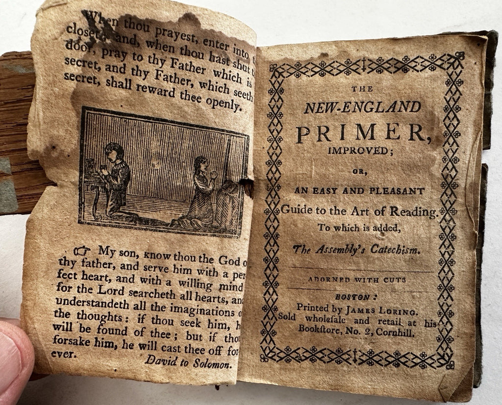 New England Primer ABC c.1815 rare Boston Loring w/ woodcuts Burning John Rogers
