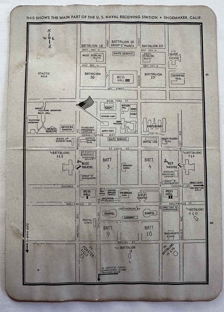 U.S. Naval Station Shoemaker California c.1945 Military base booklet cartoon map