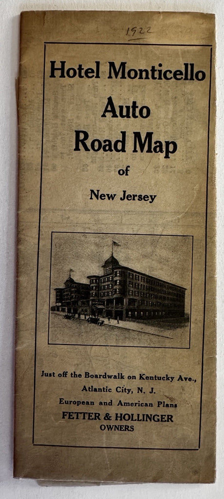 Hotel Monticello Atlantic City New Jersey 1922 Auto Road map rare early highway