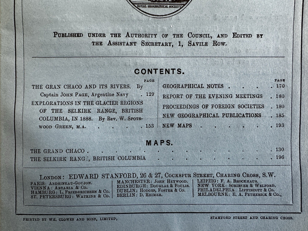 Canada BC Selkirk Mt. range explored Grand Chaco 1889 Royal Geog mag. fldg map