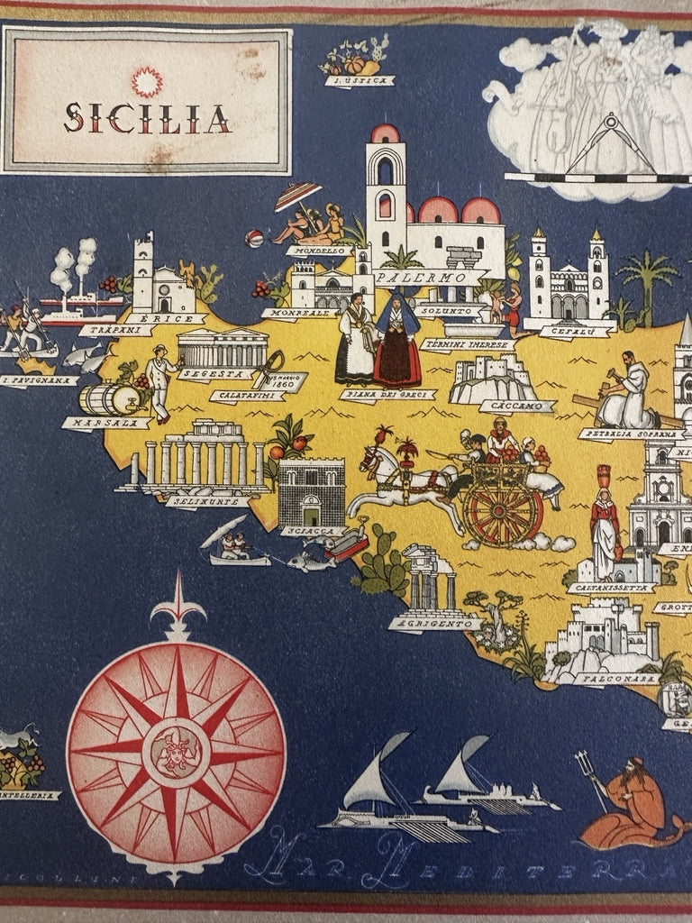 Sicily Sicilia Italia Italy 1941 charming color cartoon map Nicouline art