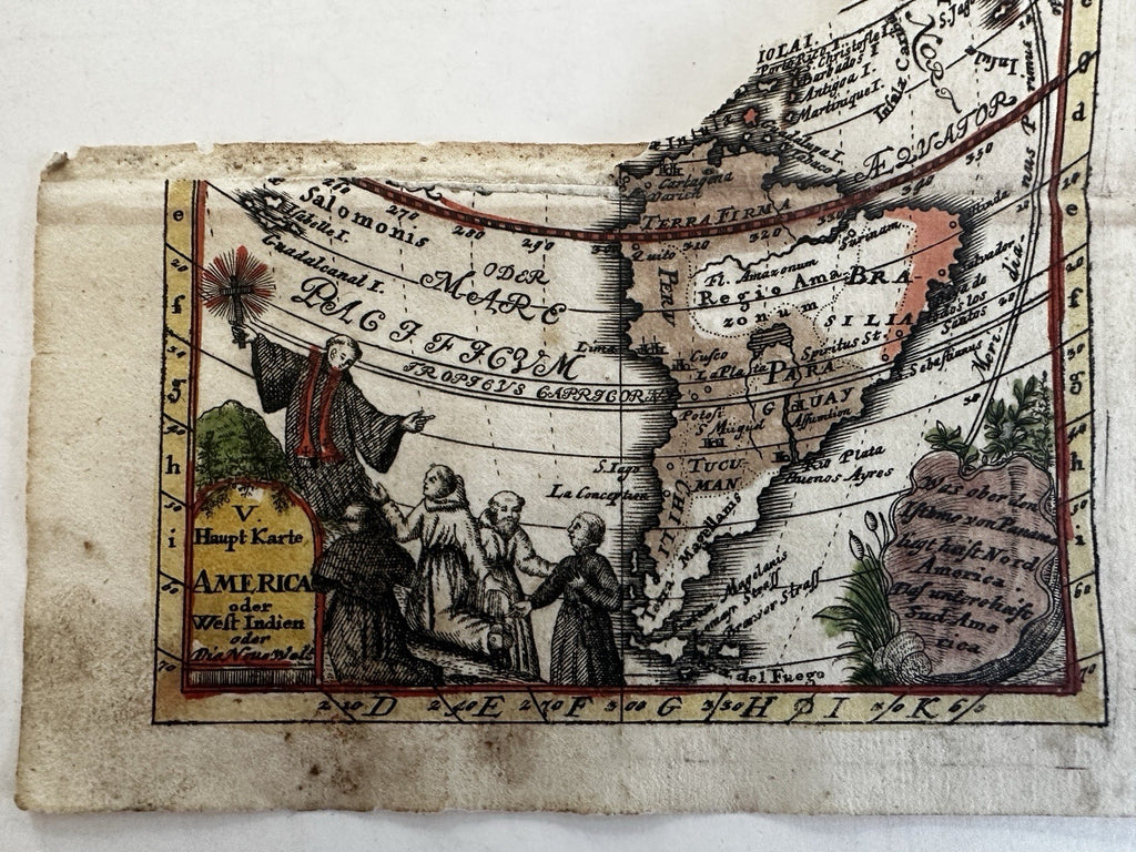 South America 1633 Salzburg rare miniature map fragment w/ missionaries vignette