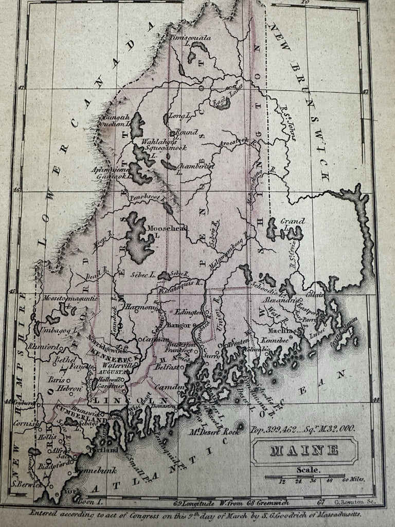 Maine U.S. state 9 counties only 1837 Boynton engraved map hand color miniature