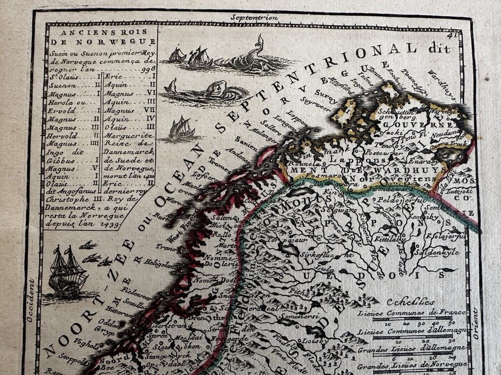 Norway sea monsters ship Scandinavia coast 1719 Chiquet attractive antique map