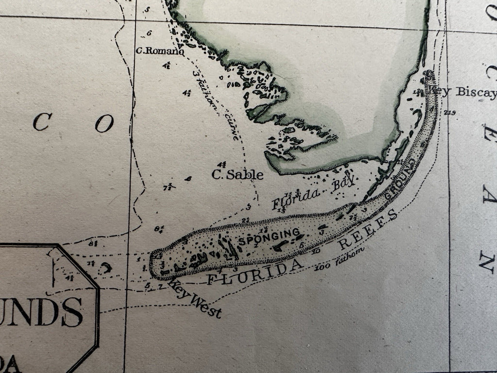 Florida Sponging Grounds map 1887 hand colored Key West Reefs west coast