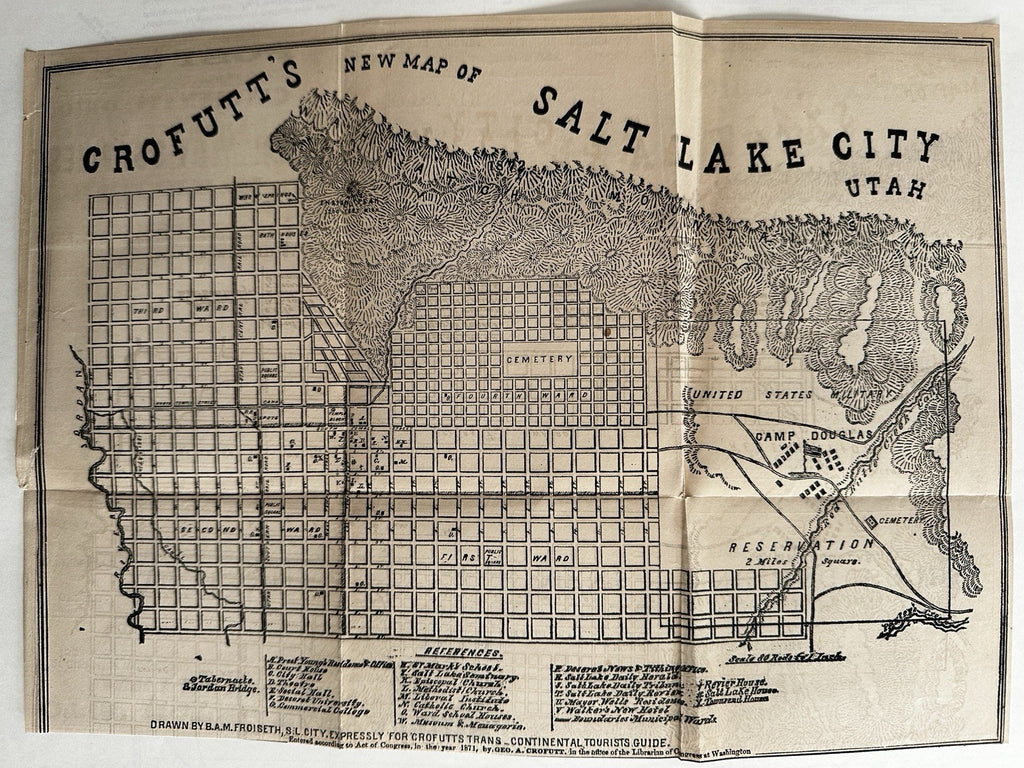 Salt Lake City Utah plan 1871-2 rare map Deseret Univ. B. Young house & nwspprs