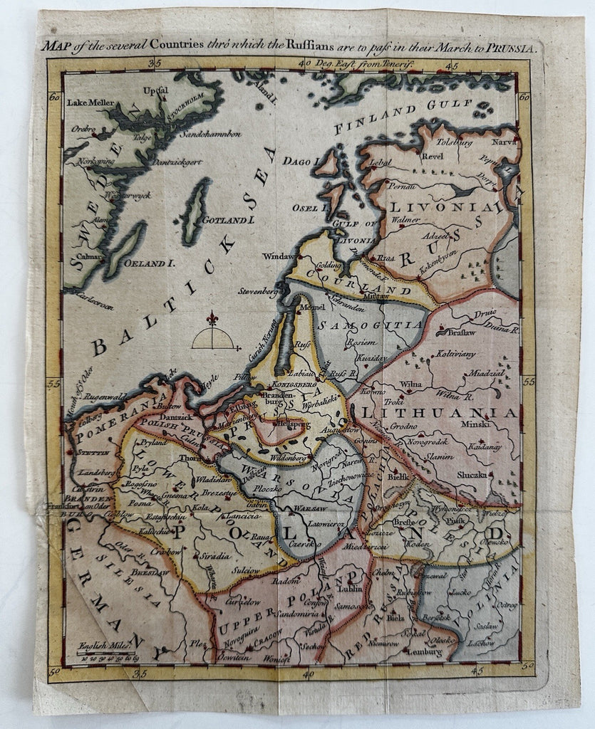Poland Baltic Sea Livonia Lithuania Courland Finland 1757 rare hand color map