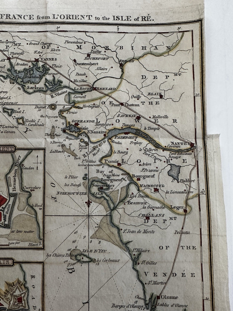 Coast France Bell Isle of Ré L’Orient Palais 1813 rare hand color nautical map