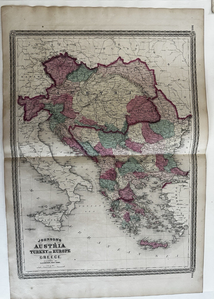 Austria Greece Turkey in Europe 1870 Johnson large hand colored map