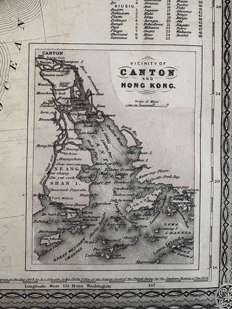 China Japan Canton Hong Kong inset 1870 Johnson large hand colored map