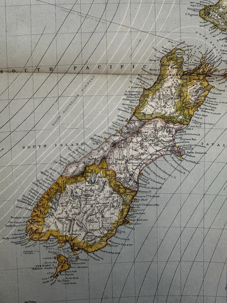 New Zealand 1881 Lett’s map shows ocean currents light houses submarine cables