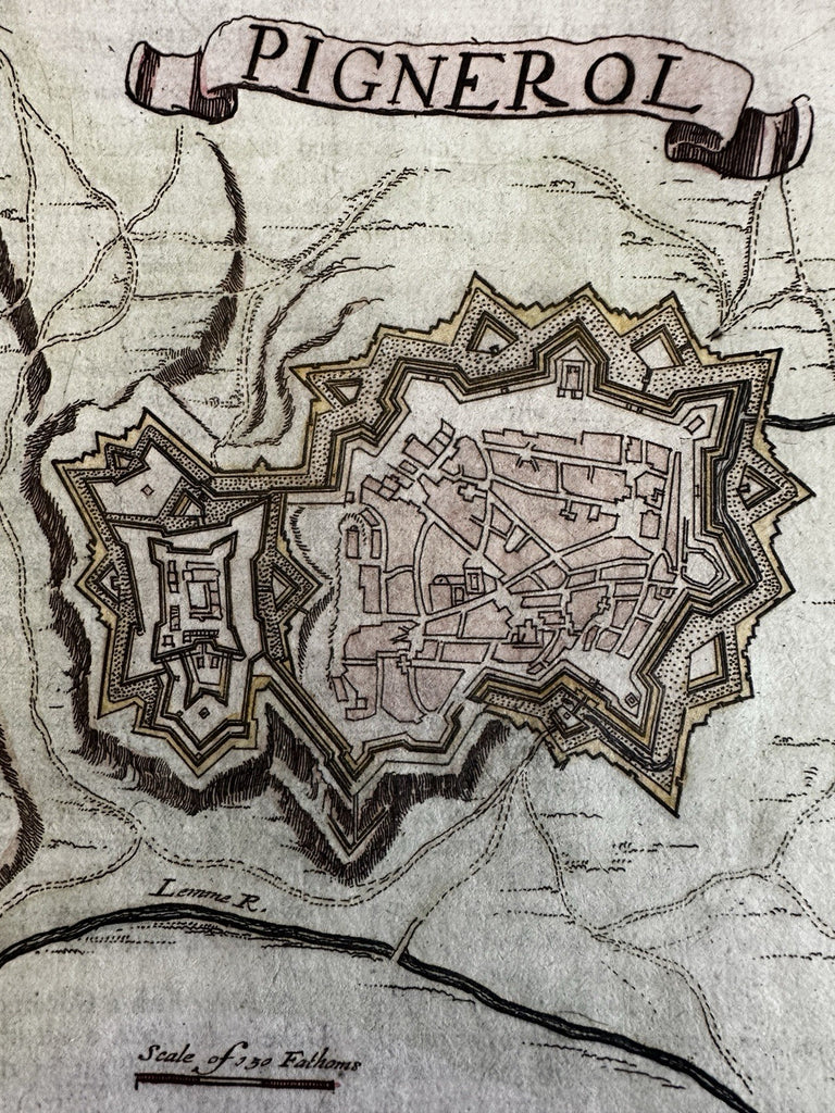 Pignerol Pinerolo Italy military city plan c.1701 rare miniature hand color map