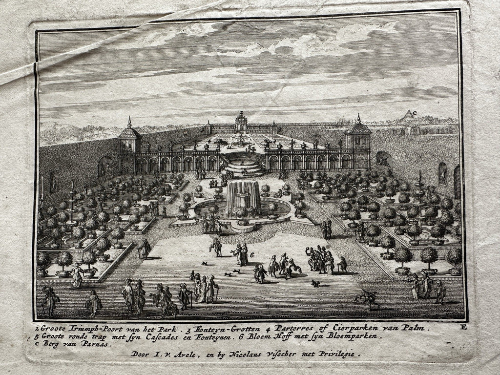 Versailles France garden panorama c.1670’s N. Visscher scarce engraved print