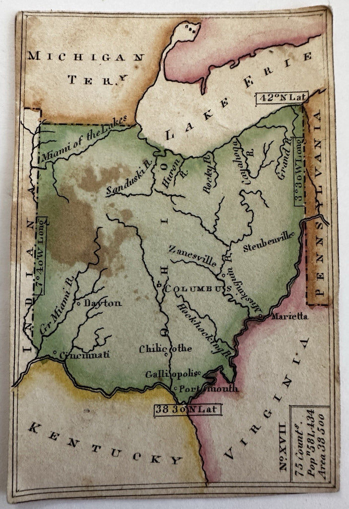Ohio state c.1821-24 rare Melish miniature state map original hand color