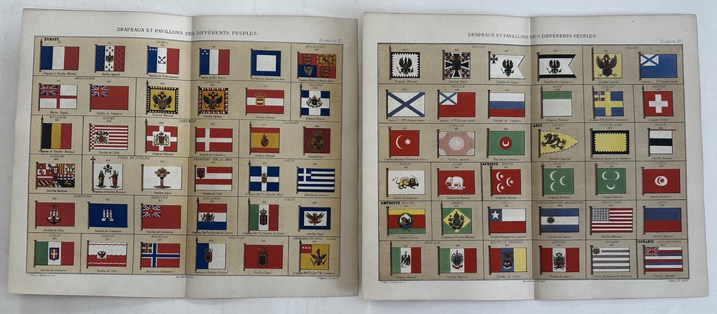 Flags of Nations World & Europe 1865 Lemercier lot 2 color lithographed charts