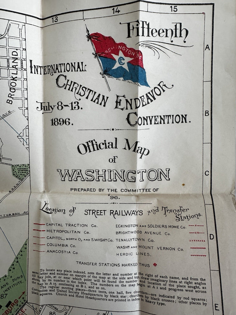 Washington D.C. July 1896 Christian Endeavor Convention rare folding pocket map