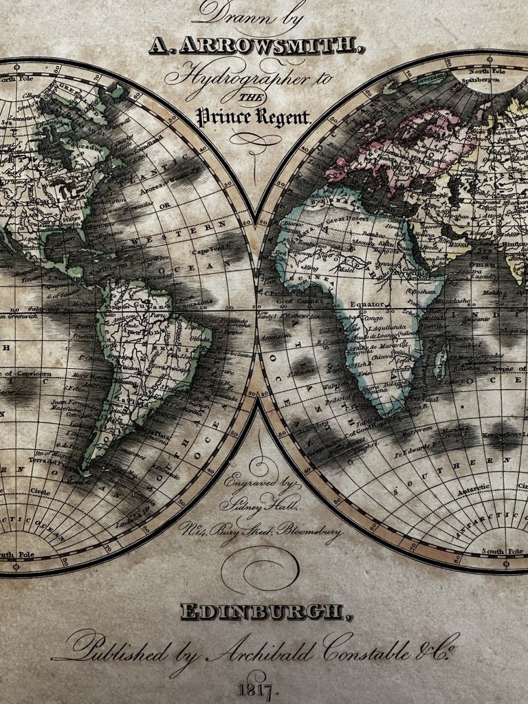 World in hemispheres 1817 Arrowsmith & Hall uncommon engraved hand color map