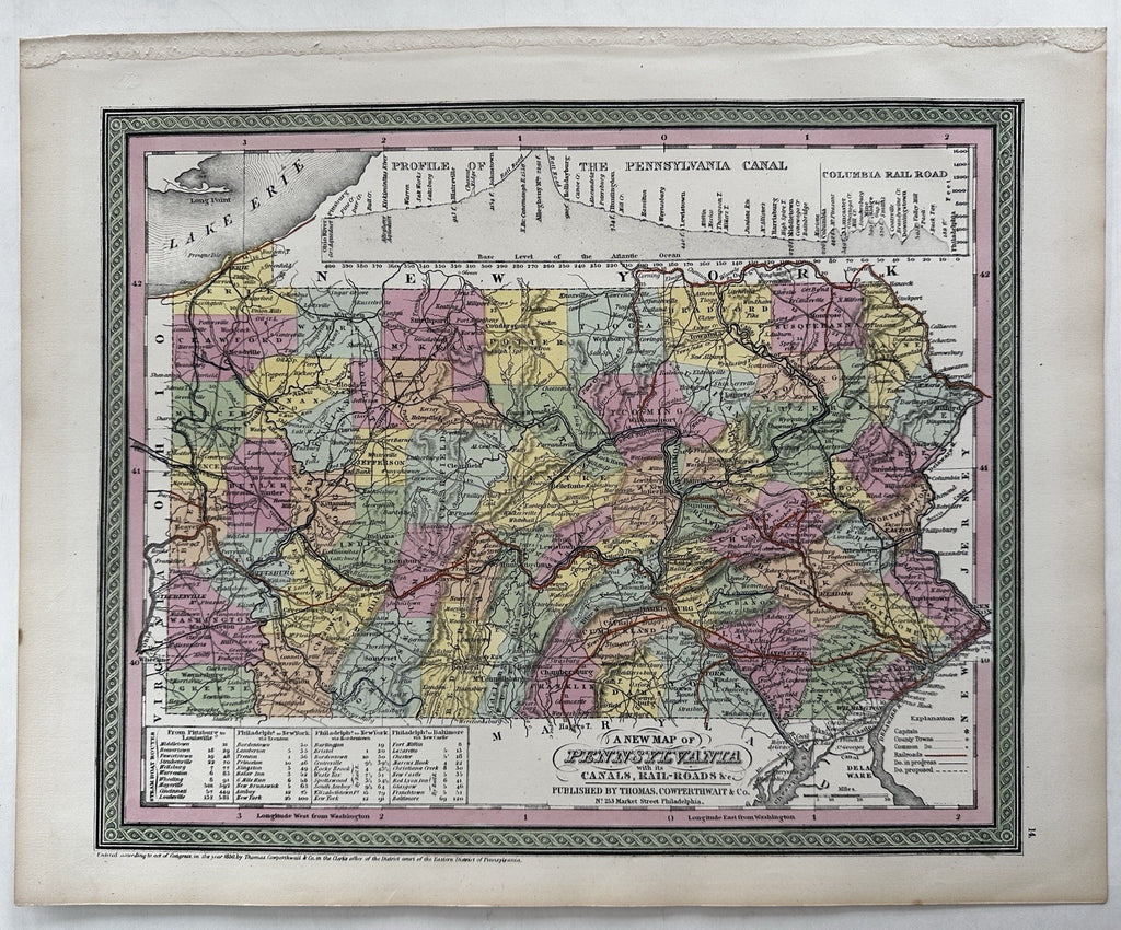 Pennsylvania state canal routes early RR 1850-5 Cowperthwait beautiful old map