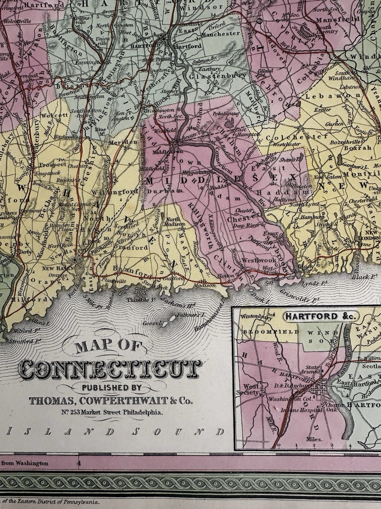 Connecticut state early RR lines 1850-5 Cowperthwait beautiful old color map