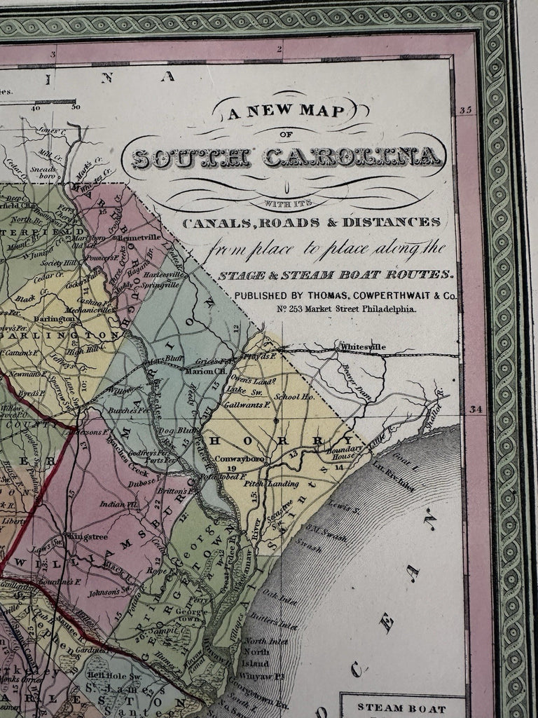 South Carolina state canals early roads 1855 Cowperthwait beautiful color map