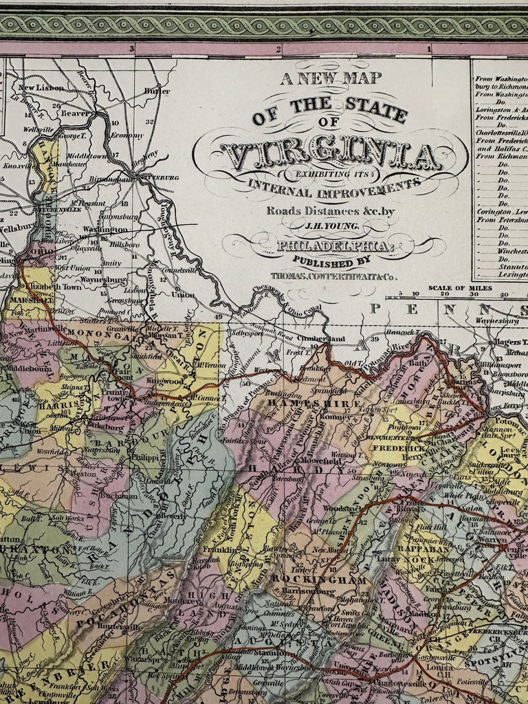 Virginia state stage coach roads shown RR lines 1855 Cowperthwait lovely map