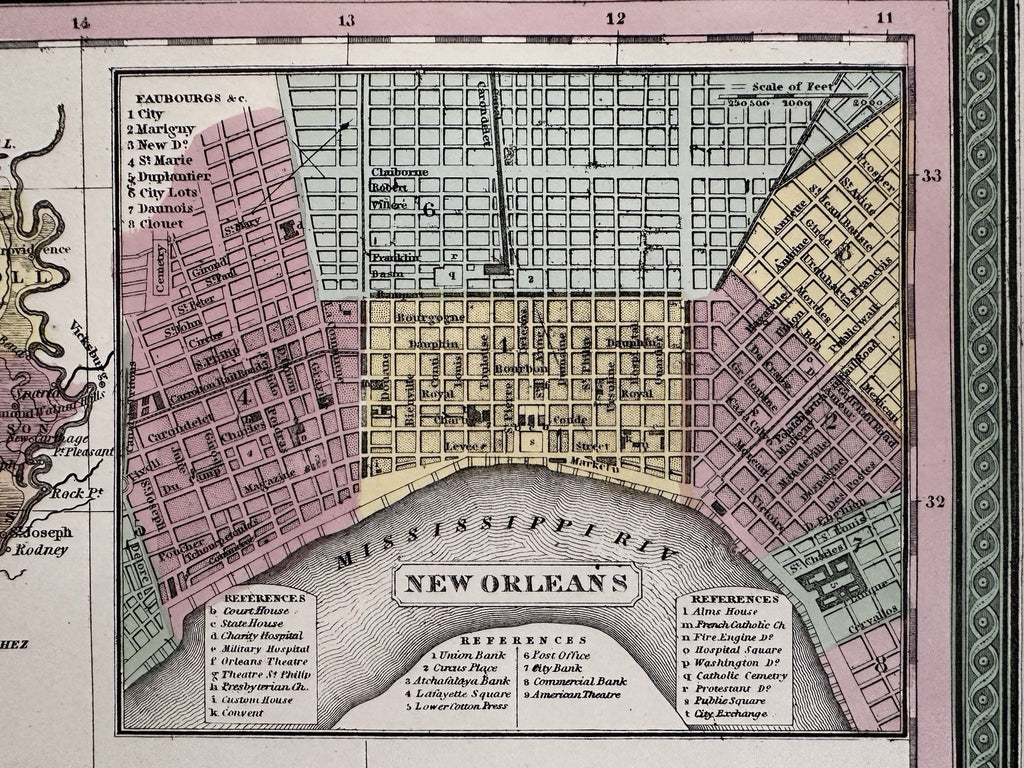Louisiana state w/ New Orleans city plan 1855 Cowperthwait lovely hand color map