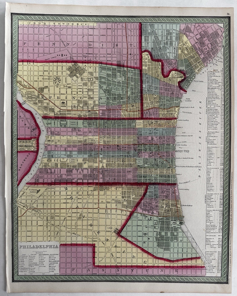 Philadelphia city plan hotels public buildings churches 1855 Cowperthwait map