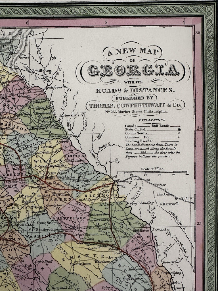 Georgia state early RR lines canals 1850-5 Cowperthwait hand colored map