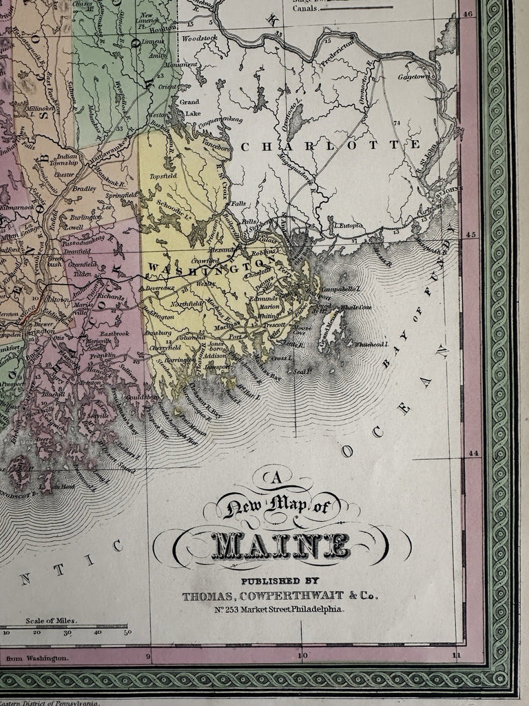 Maine state early RR lines canals 1850-5 Cowperthwait hand colored map