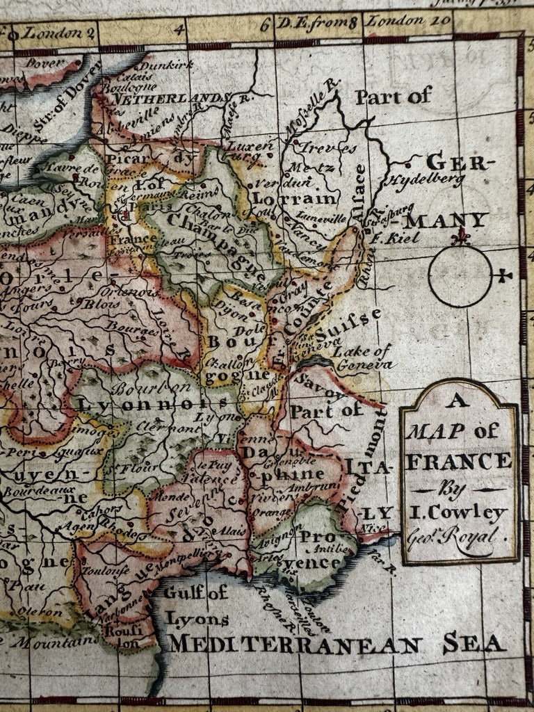 France c.1740-60 Cowley charming scarce miniature engraved hand colored map