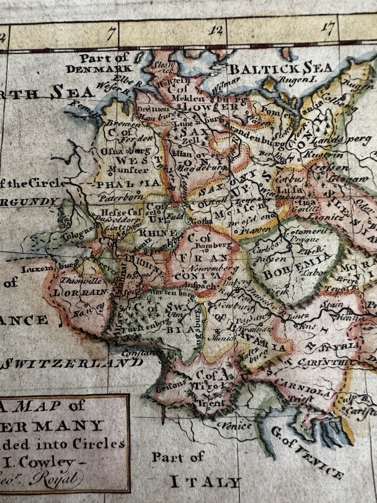Germany divided into Circles c1730-40's Cowley miniature engraved hand color map