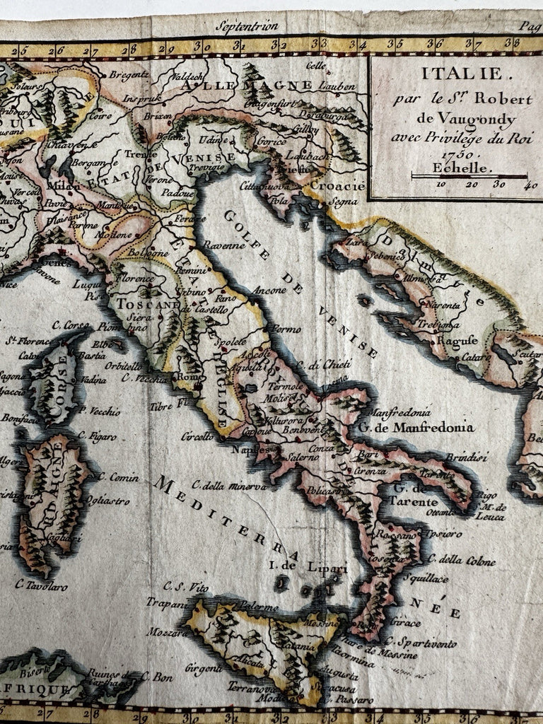 Italy Italia Italie 1750 Vaugondy engraved hand colored miniature map
