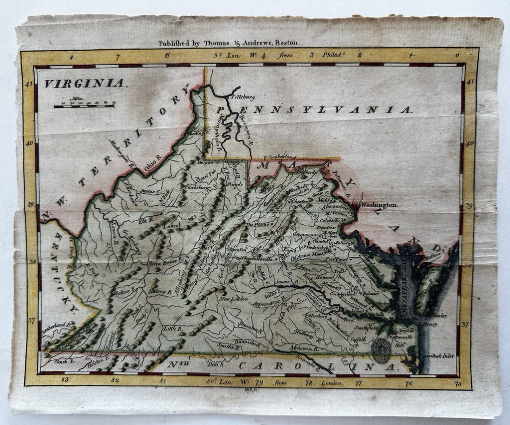 Virginia state 1796 Thomas & Andrews rare engraved hand color map