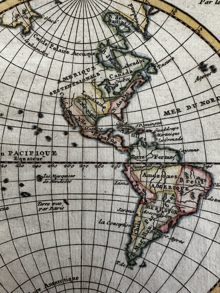 World in spheres unknown Australia & west America 1744 Senex engraved color map