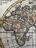 World in spheres unknown Australia & west America 1744 Senex engraved color map