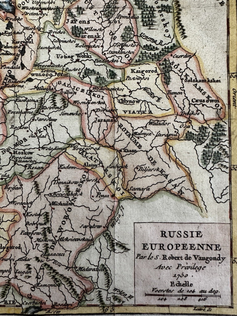Russia in Europe 1750 Vaugondy engraved hand colored miniature map variant