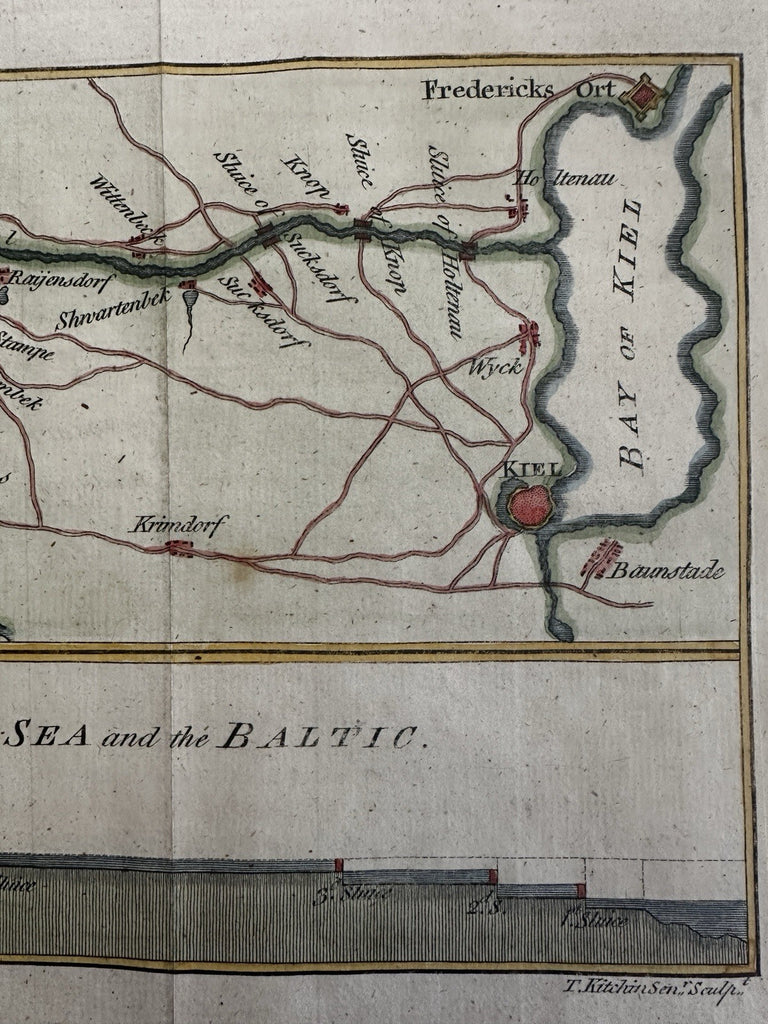 Germany Baltic & North Sea 1784 Kiel canal profile map engraved by Kitchin HC