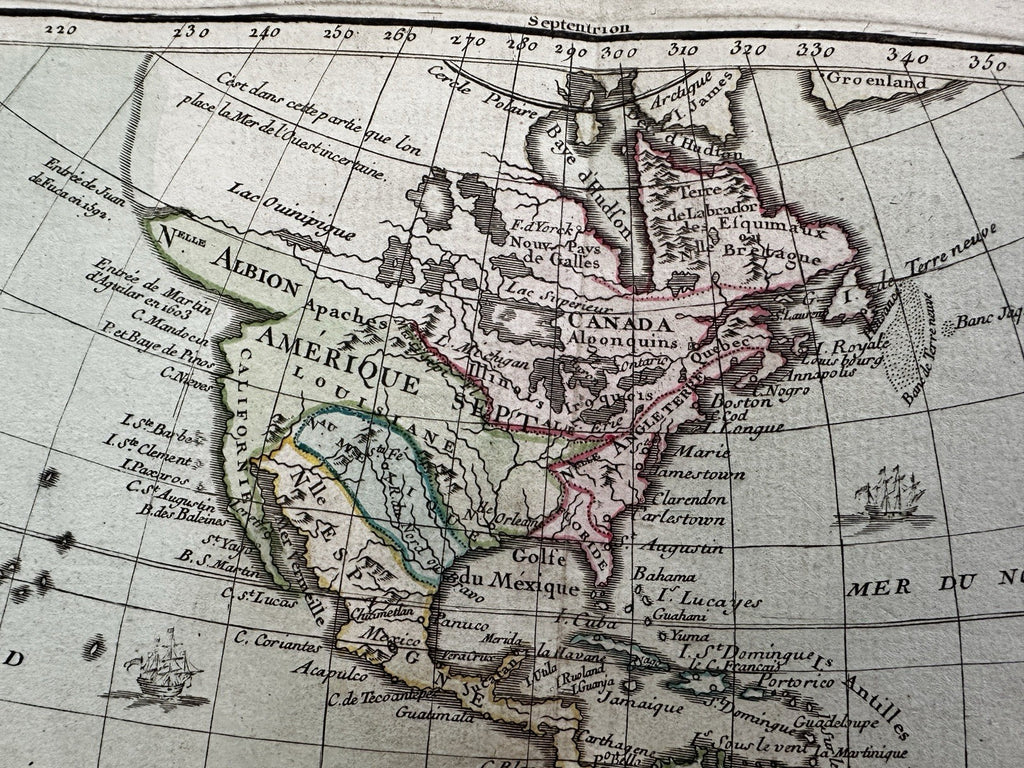 strange North & South America 1764 decorative Desnos map cartouche sailing ships