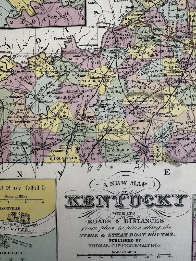 Kentucky state 1855 Cowperthwait hand colored map showing steamboat routes