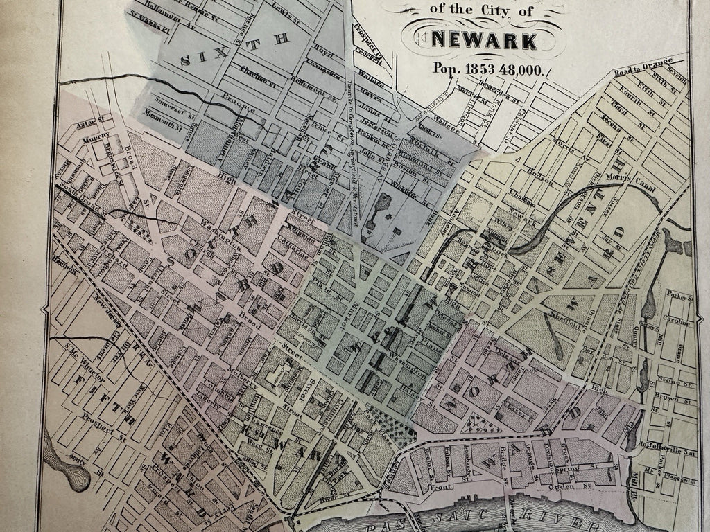 Newark New Jersey city plan w/ population 1853 Magnus hand color letter sheet