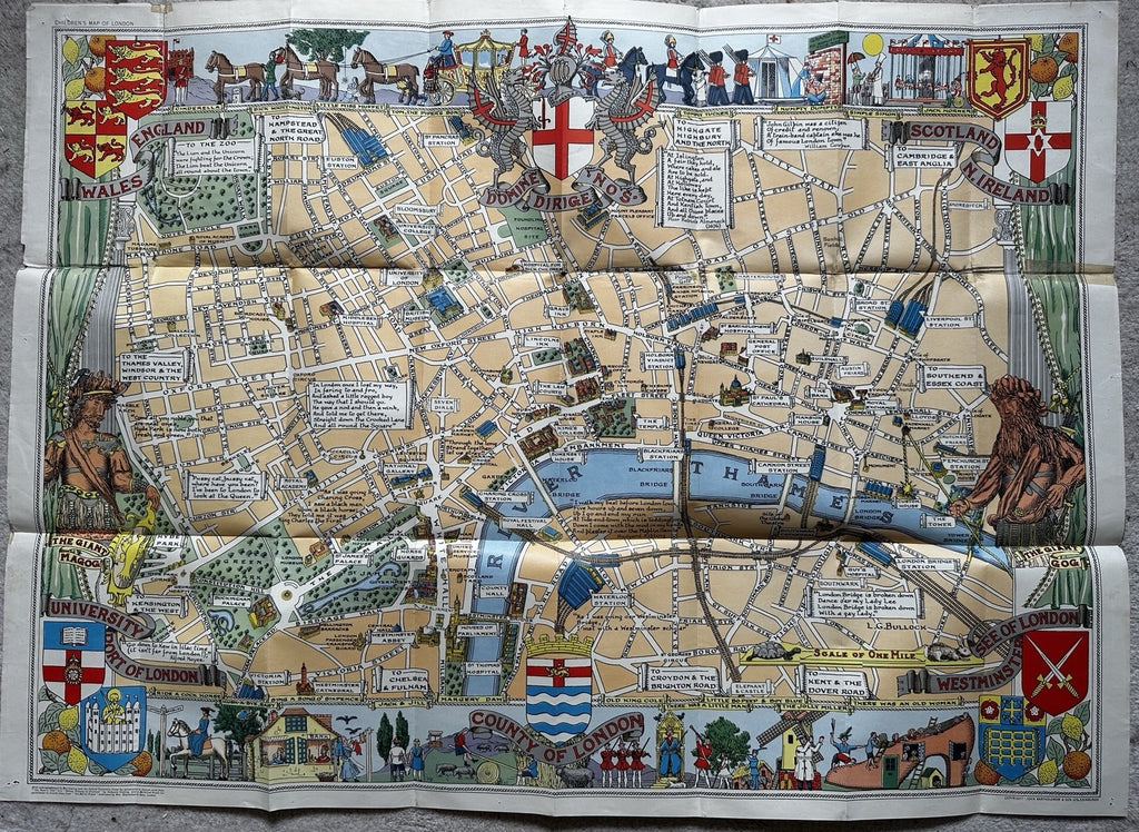 London Children’s picture story map c.1940’s color cartoon pictorial fldg. map