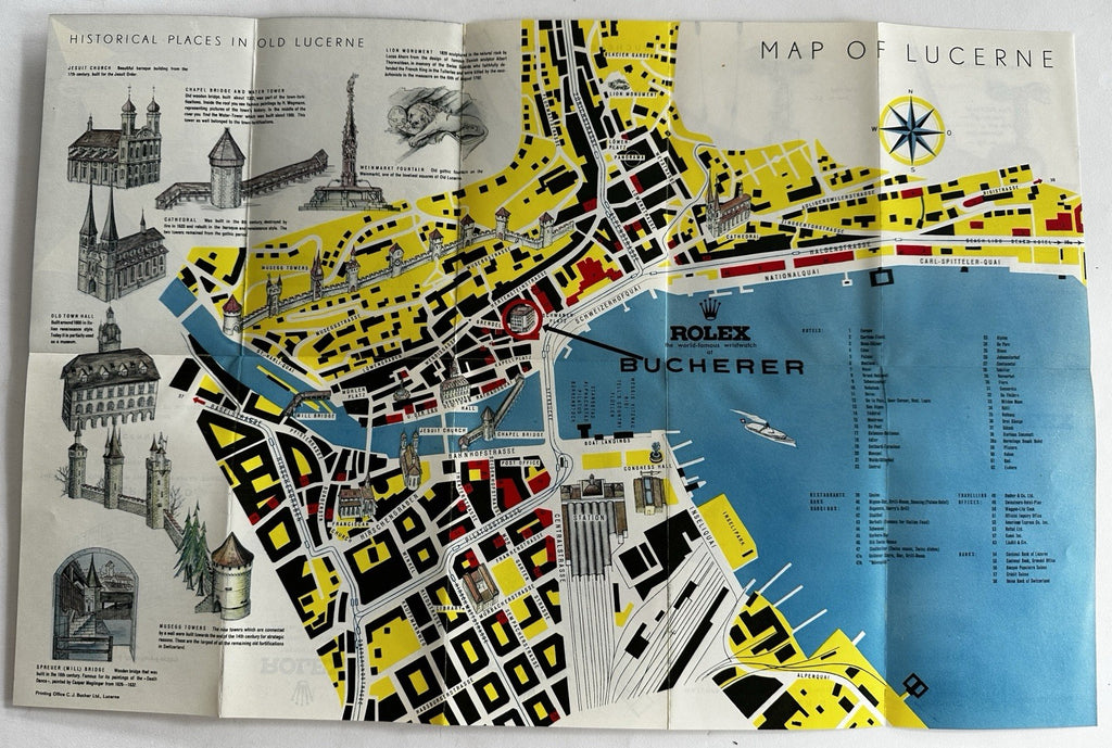 Lucerne Switzerland Rolex watches c1950’s Bucherer pictorial tourist city map