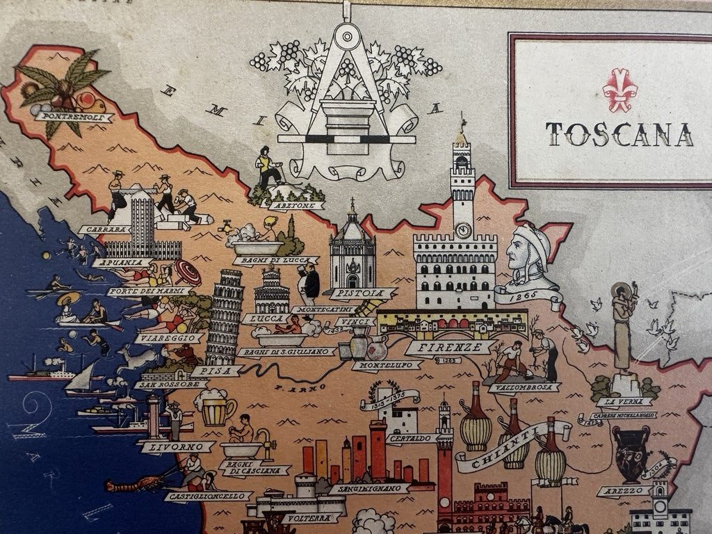 Toscana Italia Tuscany Italy 1941 charming color cartoon map Nicouline art
