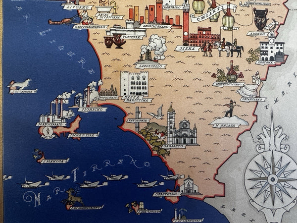 Toscana Italia Tuscany Italy 1941 charming color cartoon map