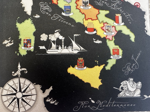 Italia Italy 1938 charming color cartoon map Nicouline art – Brian