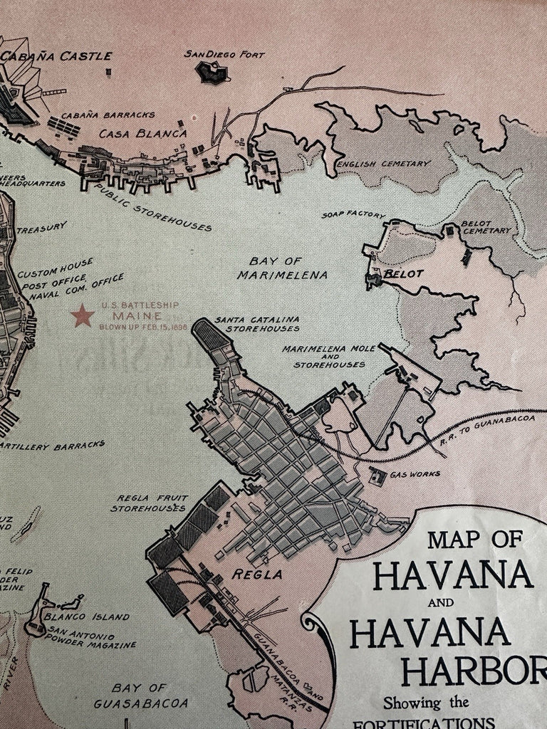 Battleship Maine blown up! Havana Harbor Cuba rare May 1898 Newspaper insert map