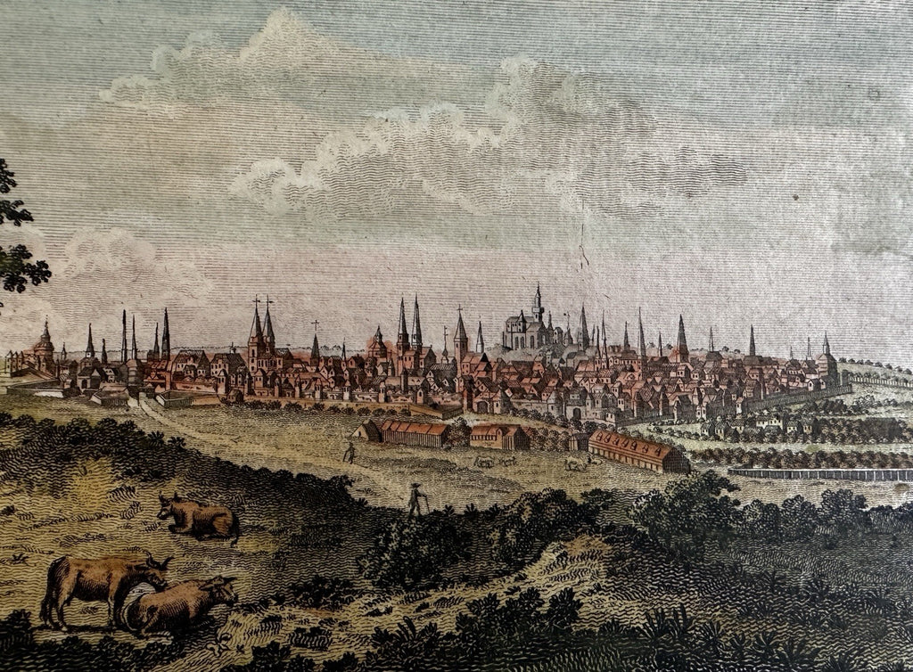 Nuremberg Germany c.1805? engraved print birds-eye view beautiful hand coloring