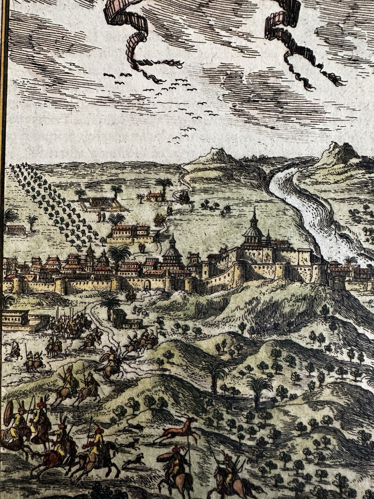 Agra India city hand colored birds-eye view print 1683 Mallet charming color